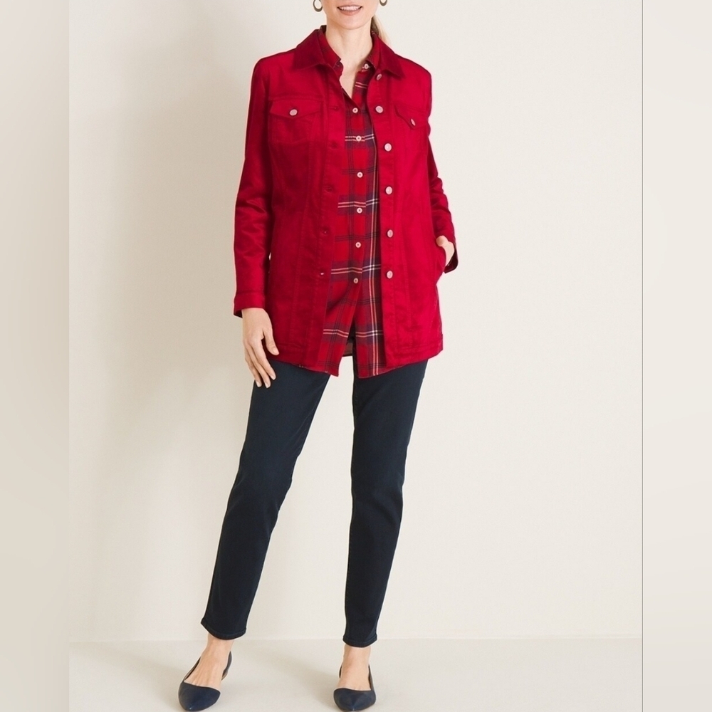 Chico’s Red Velveteen Jacket 2P  Elongated Stretch Blazer